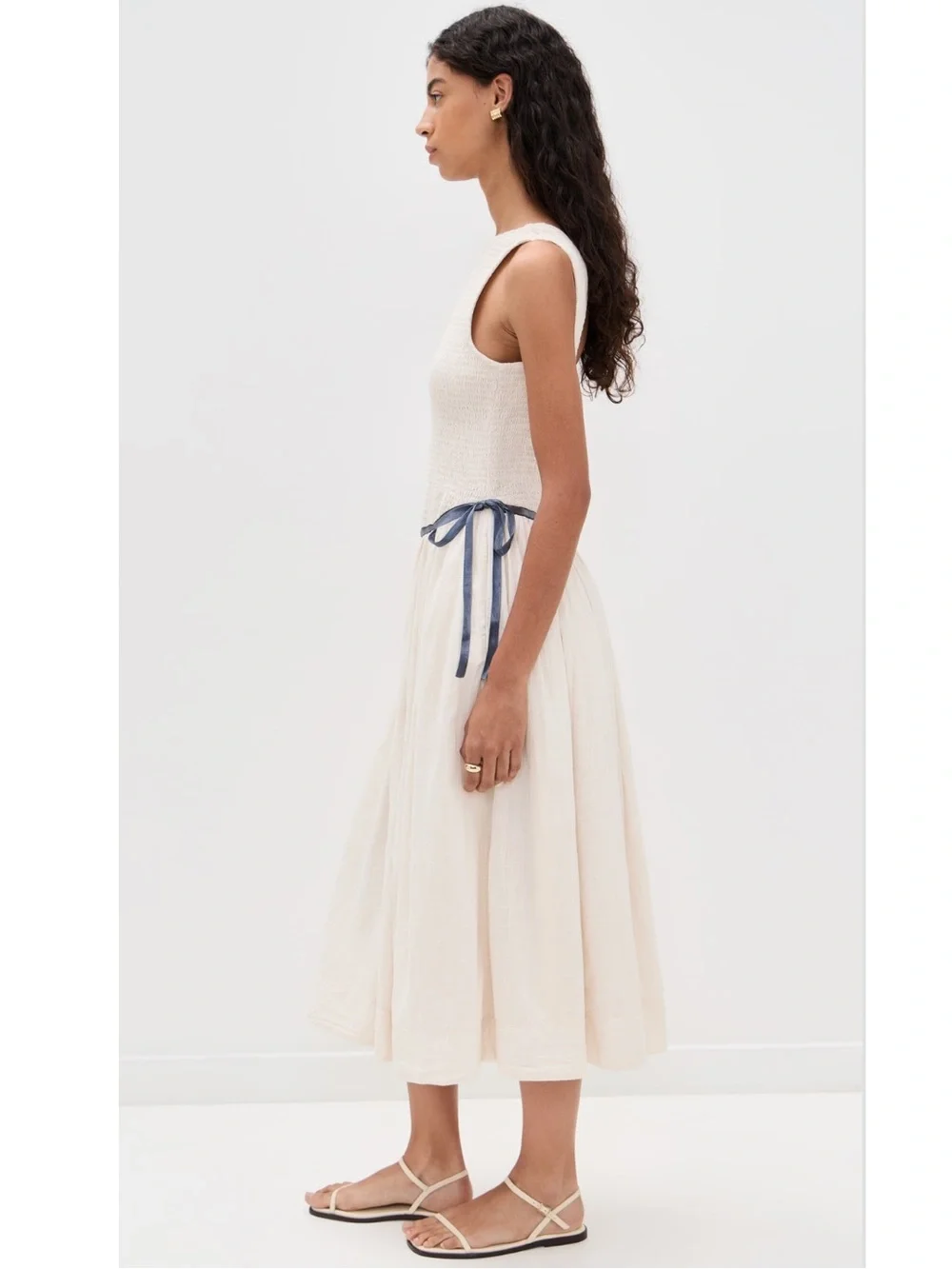 Free People Nightingale Smocked Seersucker Midi Dress in Tea Navy Combo New!